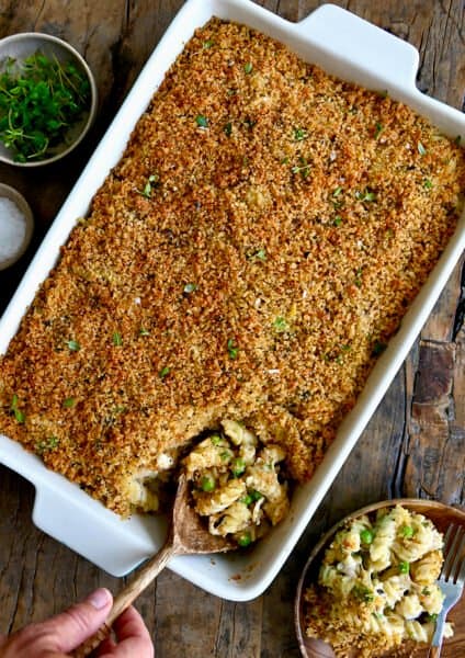 A top-down view of Easy Turkey Tetrazzini in a large white baking dish